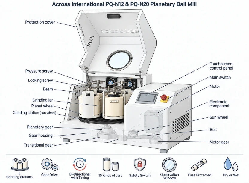 4x3L Gear-Drive 12-Liter Planetary Ball Mill