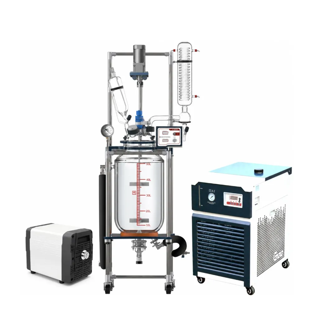 BUNDLE DEAL: Ai 50L Single or Dual Jacketed Glass Reactor w/ Chiller & Pump